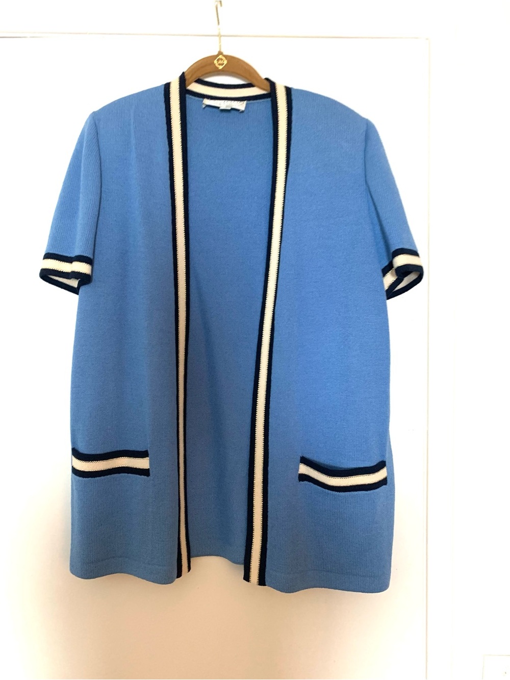 St John Santana Knit Open Front Jacket Cardigan Blue White Medium